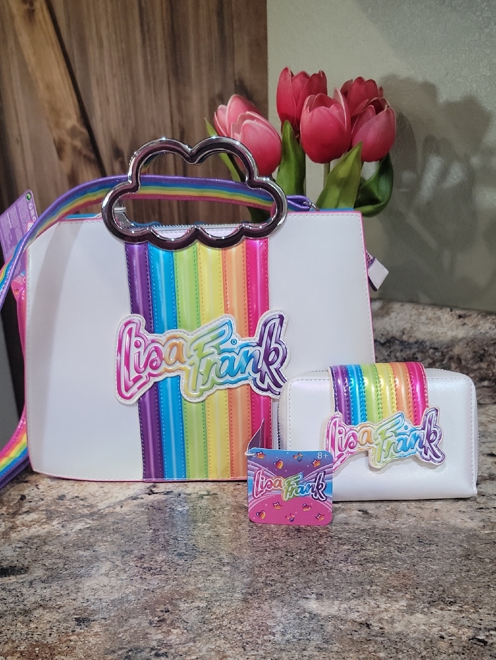 Lisa Frank  BUNDLE White Rainbow Stripe Purse & Wallet Set with Cloud Handle